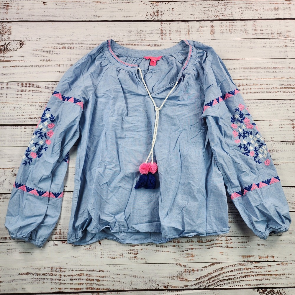 Lilly Pulitzer Keela Top Women's XL Blue Chambray Embroidered Tassel Blouse